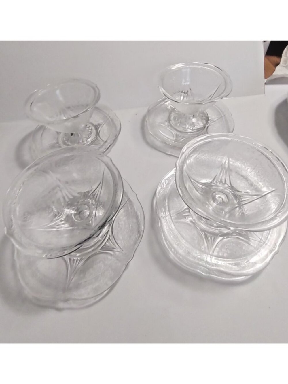 Vtg. Hazel Atlas Royal Lace Depression Glass Sherbert Bowl/Saucers (set of 4)